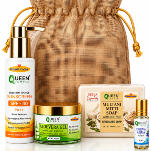 Queen Temple Premium Natural Skincare Gift Hamper | Sunscreen SPF 40 PA++, Aloe Vera Gel, Multani Mitti Mix Fruit Handmade Soap & Deeva Aqua Attar 6ml | Luxury Self Care Gift Set