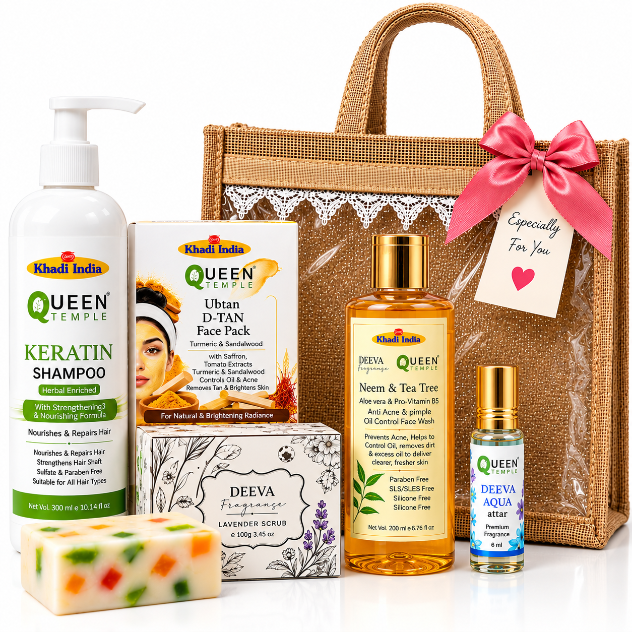 Queen Temple Premium Herbal Beauty & Self-Care Gift Hamper – 6-Piece Gift Set with Eco-Friendly Jute Bag