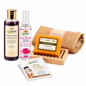 Queen Temple Skincare  Lavender Walnut Scrub Wash, Rose Water Facial Toner, Ubtan D-Tan Face Pack & Haldi Chandan Handmade Soap | Premium Self Care Gift Set