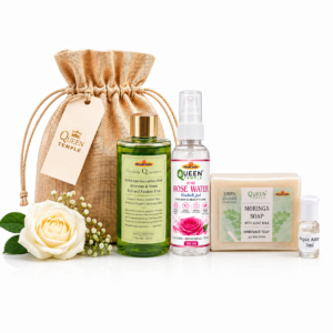 Queen Temple Natural Skincare Gift Hamper for Women | Herbal Aloe Vera Neem Face Wash, Rose Water, Moringa Soap with Goat Milk & Aqua Attar with Premium Jute Potli Bag