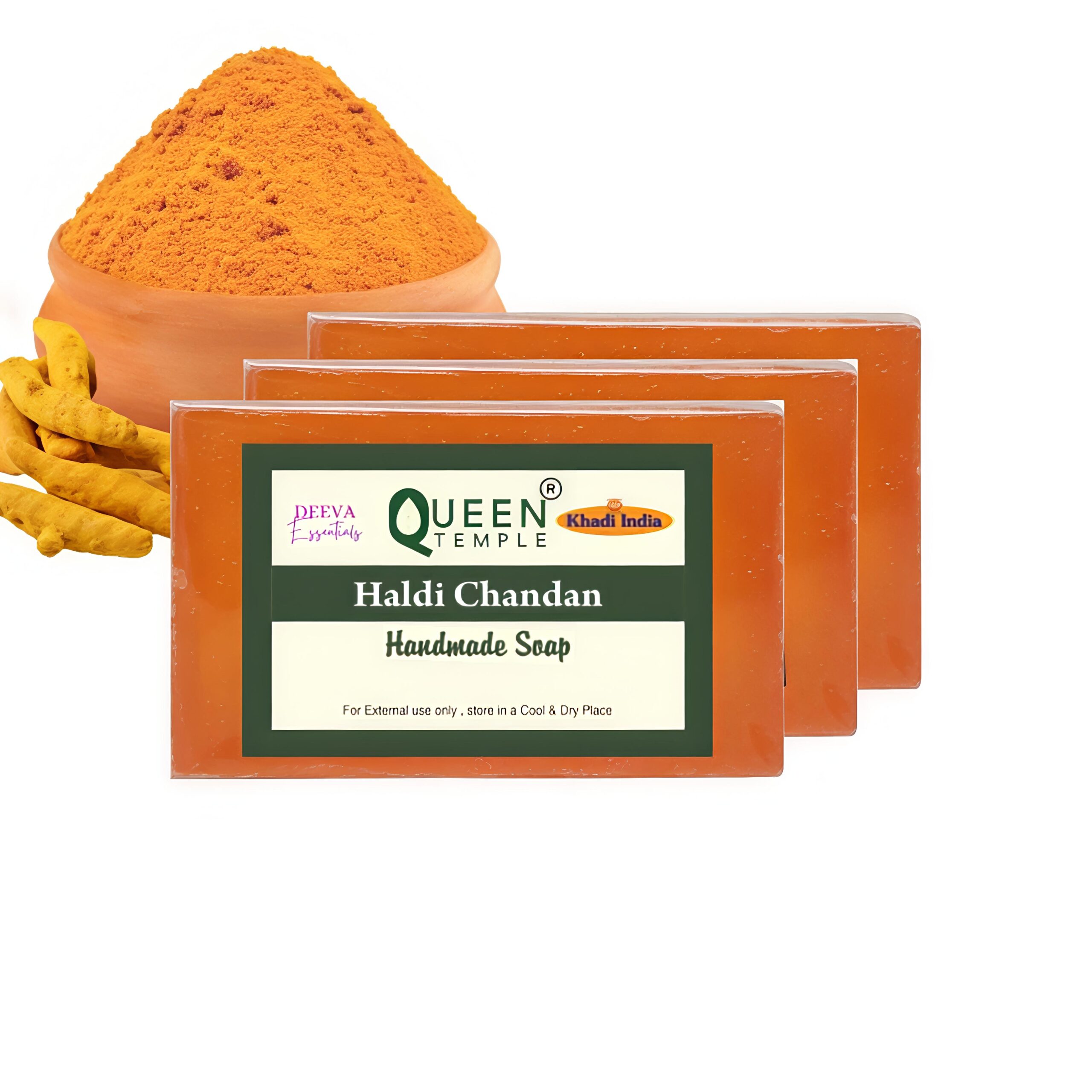 Khadi India Pack of 3 Glycerine Handmade Soap| Hyderated & Nourishes Skin|| Natural Soap with Essential Oils | Suitable for All Skin Types(125 gm Each) (Haldi Chandan)