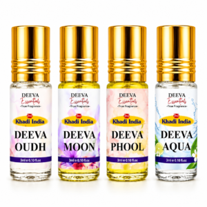Khadi India Deeva Essentials Roll On Perfume | Deeva Oudh, Moon, Phool & Aqua Attar | 3ml Each (Pack of 4)