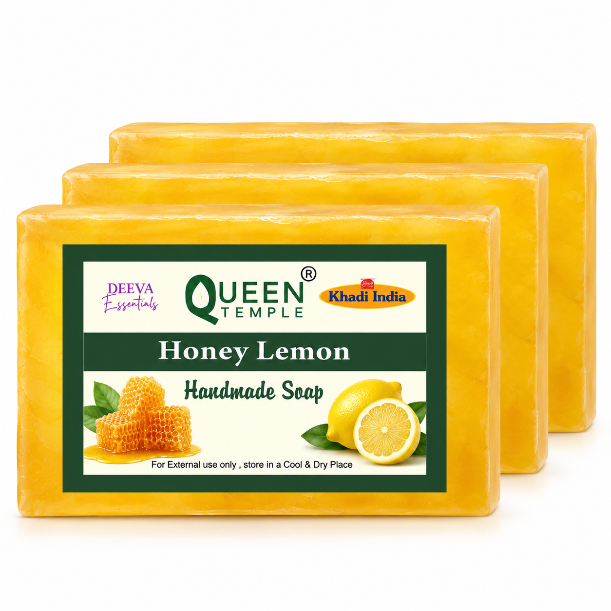 Khadi India Pack of 3 Glycerine Handmade Soap| | Natural Soap with Essential Oils | 125 gm Each - Honey Lemon