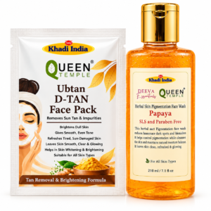 Khadi India Ubtan D-Tan Face Pack & Papaya Face Wash Combo By Queen Temple | Tan Removal, Skin Brightening Care Kit | Deep Cleansing Anti Tan Facial Combo for Men & Women|| All Skin Type