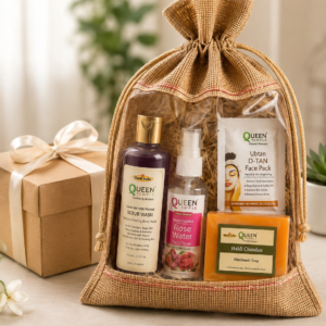Queen Temple Natural Skincare Gift Hamper | Lavender Walnut Scrub Wash, Rose Water Facial Toner, Ubtan D-Tan Face Pack & Haldi Chandan Handmade Soap | Premium Self Care Gift Set
