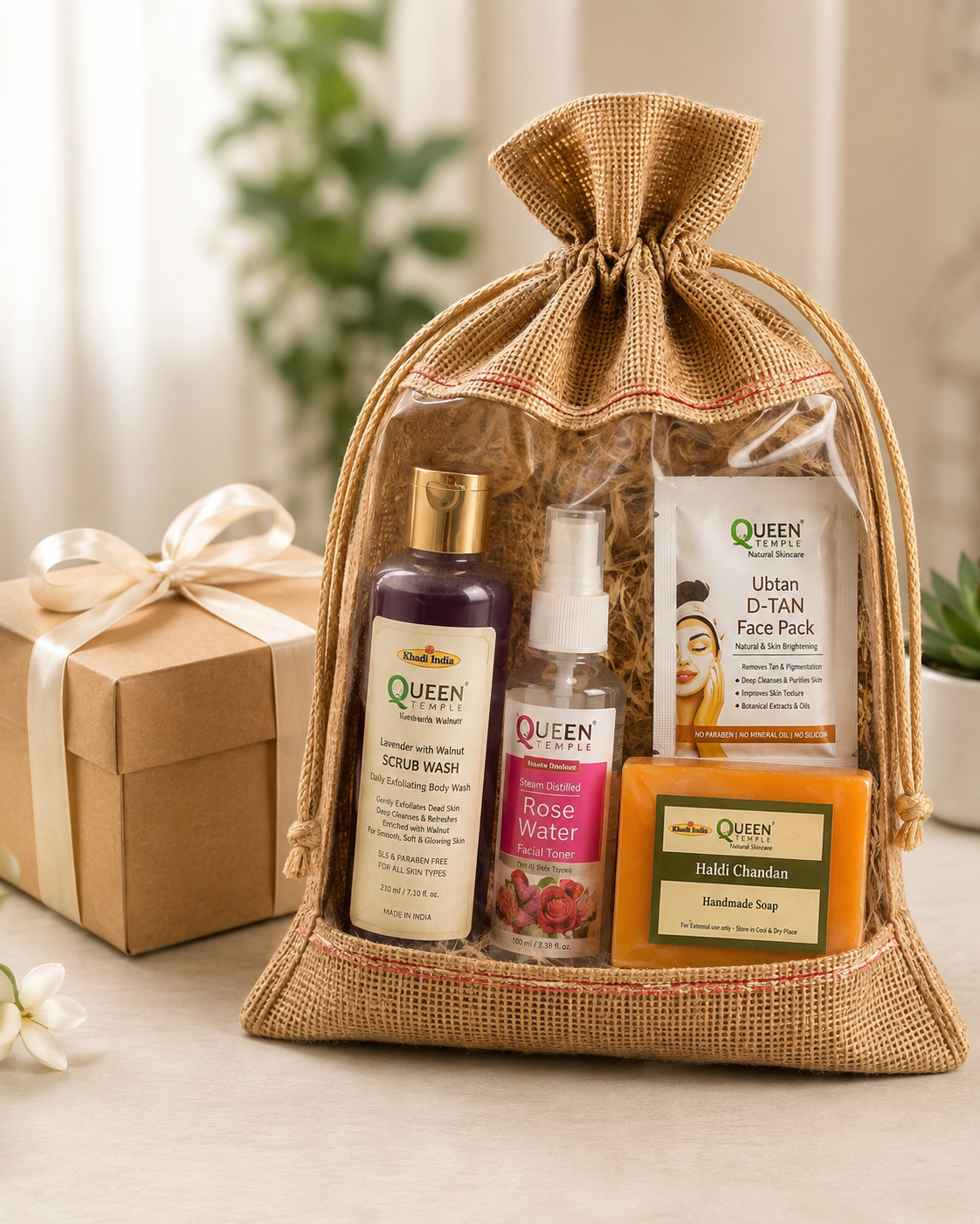 Queen Temple Natural Skincare Gift Hamper | Lavender Walnut Scrub Wash, Rose Water Facial Toner, Ubtan D-Tan Face Pack & Haldi Chandan Handmade Soap | Premium Self Care Gift Set