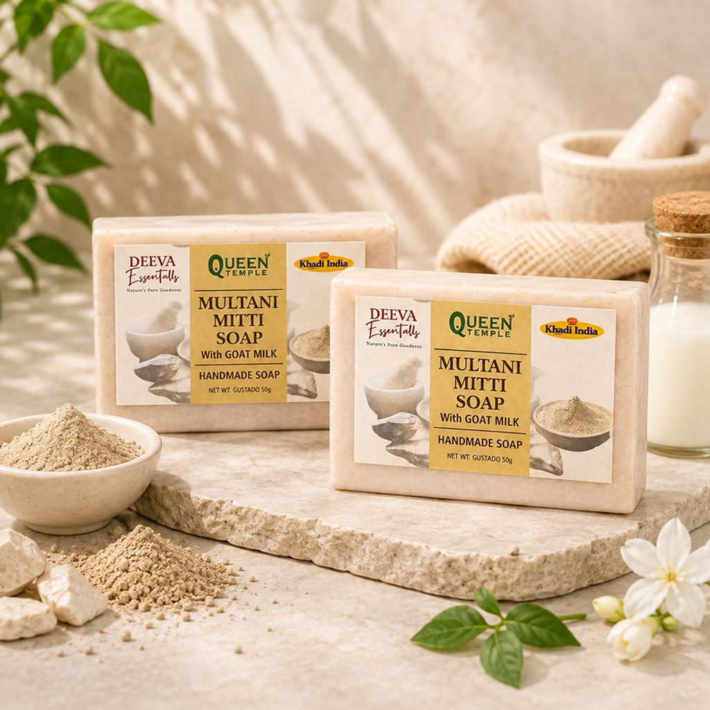 Multani Mitti Soap with Goat Milk By Queen Temple | Handmade Natural Clay Soap Bar for Deep Cleansing & Acne Control | Suitable for All Skin Types | 100g Each | Pack of 2 (100g x 2)