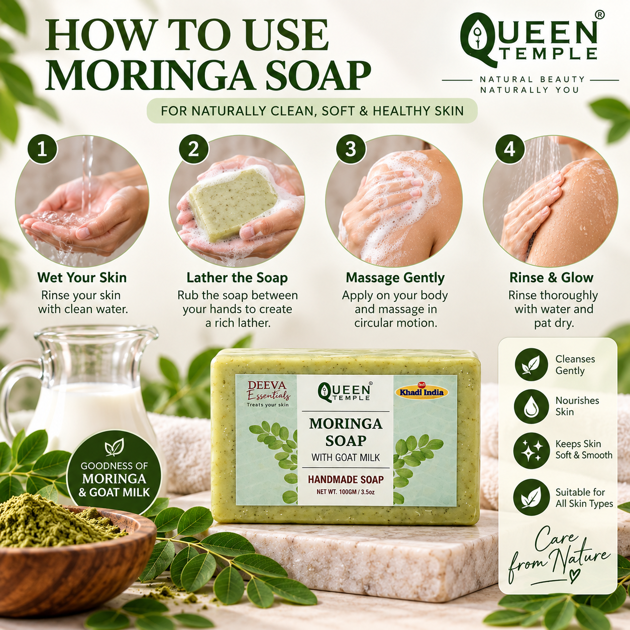 Moringa Soap with Goat Milk – Handmade Natural Bath Soap for Gentle Cleansing & Nourishing Skin | Moisturizing Herbal Soap Bar | 100g - Image 5