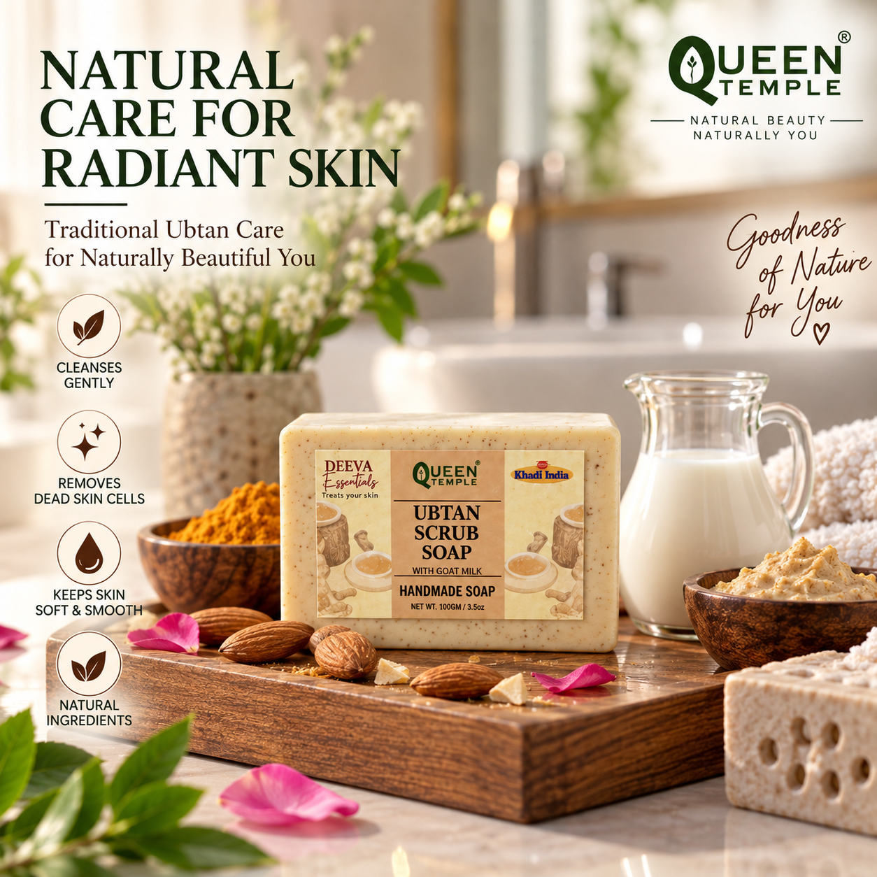 Ubtan Scrub Soap with Goat Milk – Handmade Natural Exfoliating Bath Soap | Gentle Scrub & Deep Cleansing Soap for Face & Body | 100g Product Description - Image 2