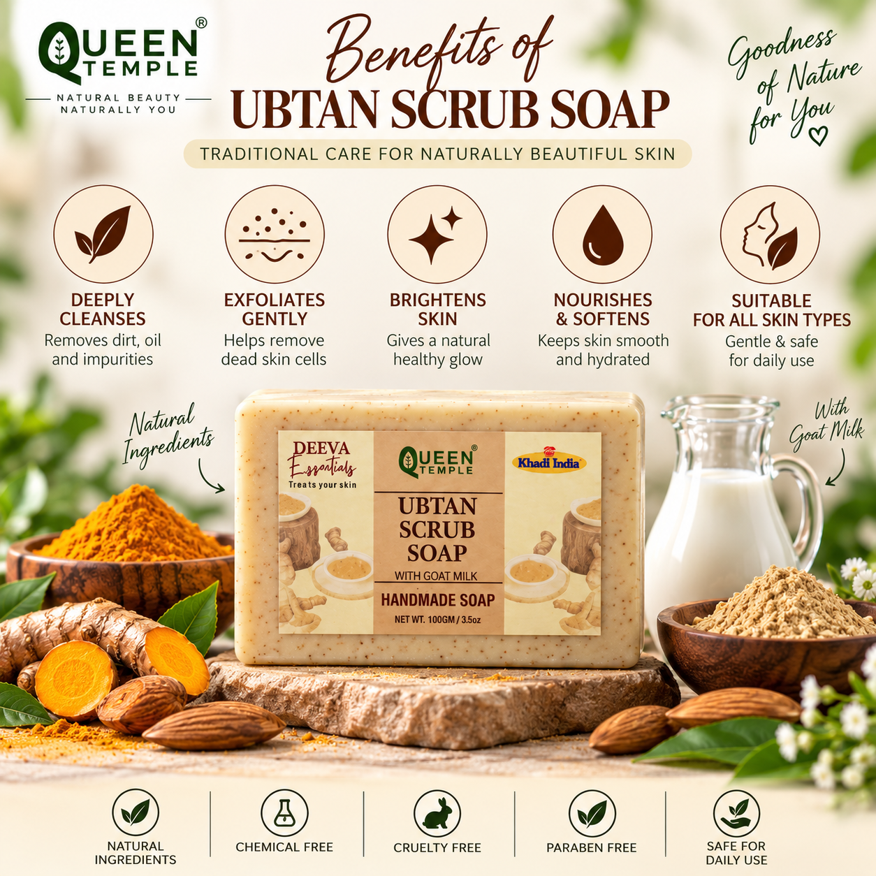 Ubtan Scrub Soap with Goat Milk – Handmade Natural Exfoliating Bath Soap | Gentle Scrub & Deep Cleansing Soap for Face & Body | 100g Product Description - Image 4