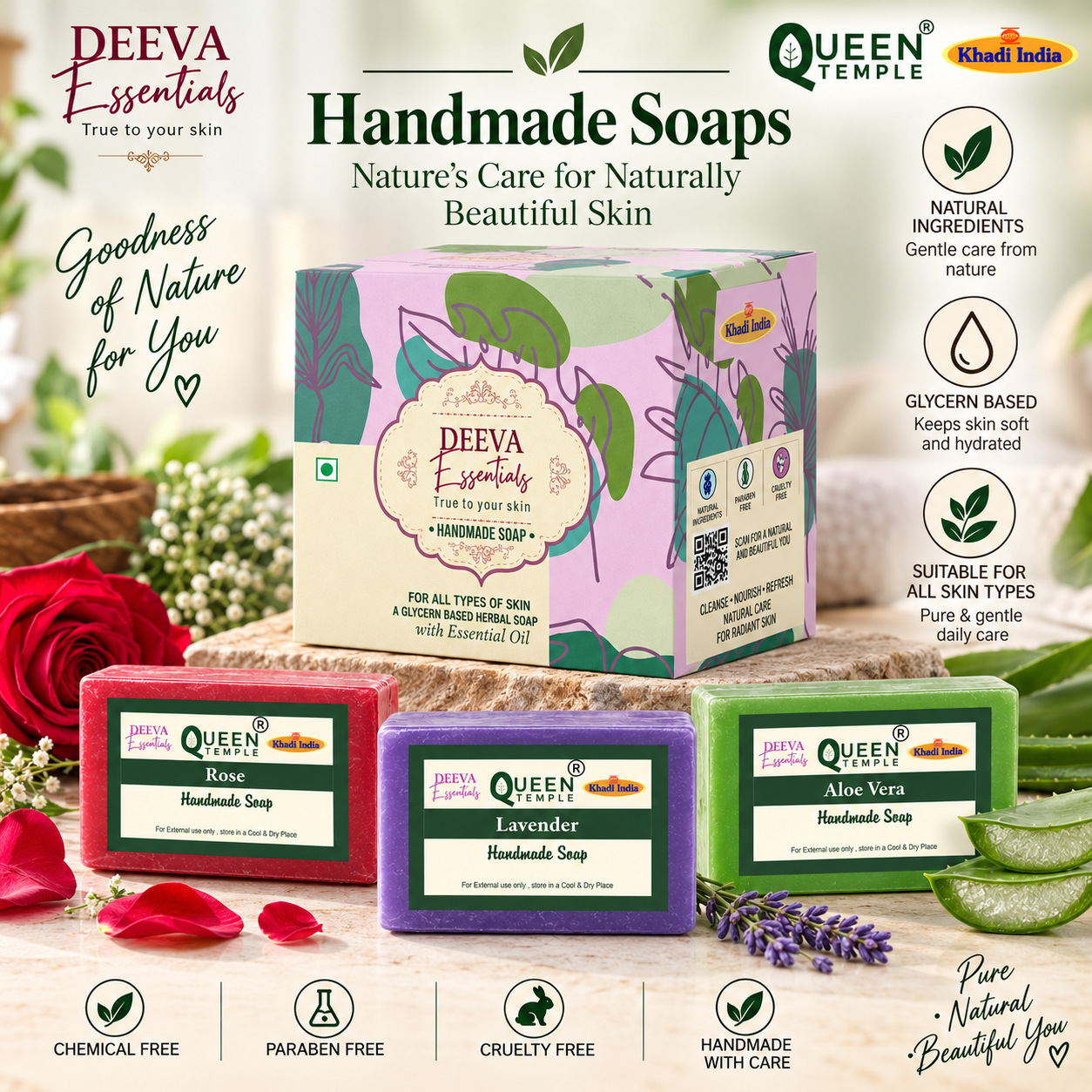 Deeva Essentials Handmade Soap Combo – Rose, Aloe Vera & Lavender Natural Herbal Soaps | Gentle Cleansing, Nourishing & Hydrating Bath Soap Set - Image 2