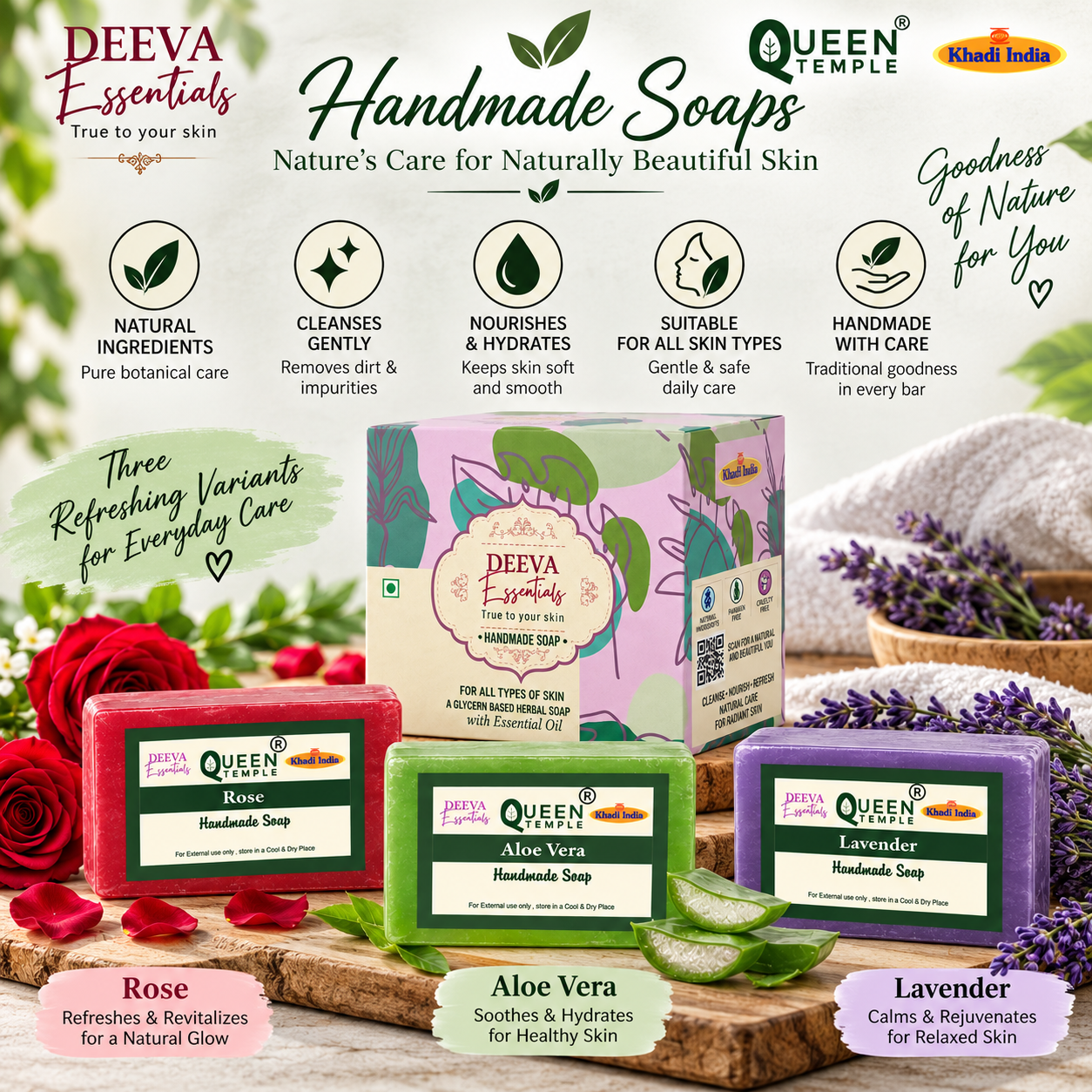 Deeva Essentials Handmade Soap Combo – Rose, Aloe Vera & Lavender Natural Herbal Soaps | Gentle Cleansing, Nourishing & Hydrating Bath Soap Set - Image 4