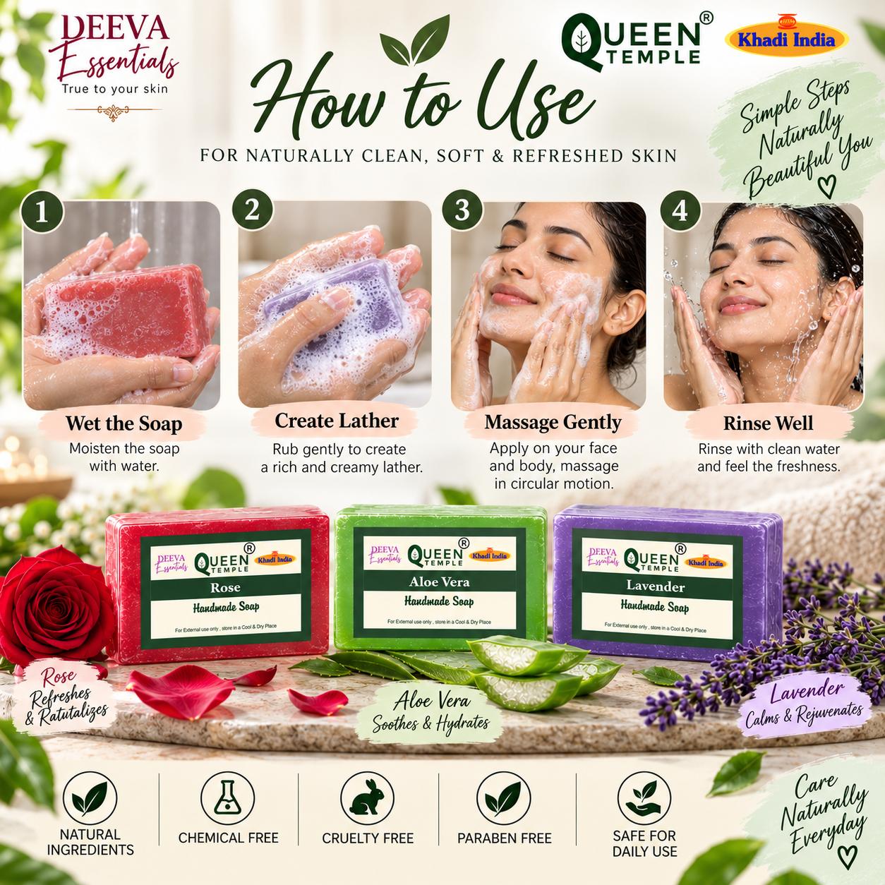Deeva Essentials Handmade Soap Combo – Rose, Aloe Vera & Lavender Natural Herbal Soaps | Gentle Cleansing, Nourishing & Hydrating Bath Soap Set - Image 5