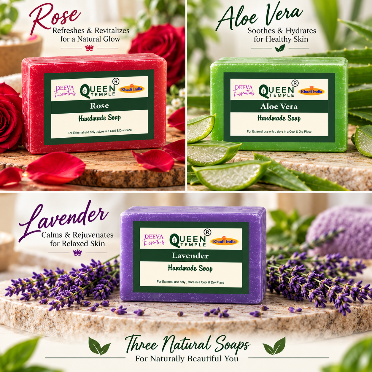 Deeva Essentials Handmade Soap Combo – Rose, Aloe Vera & Lavender Natural Herbal Soaps | Gentle Cleansing, Nourishing & Hydrating Bath Soap Set - Image 3