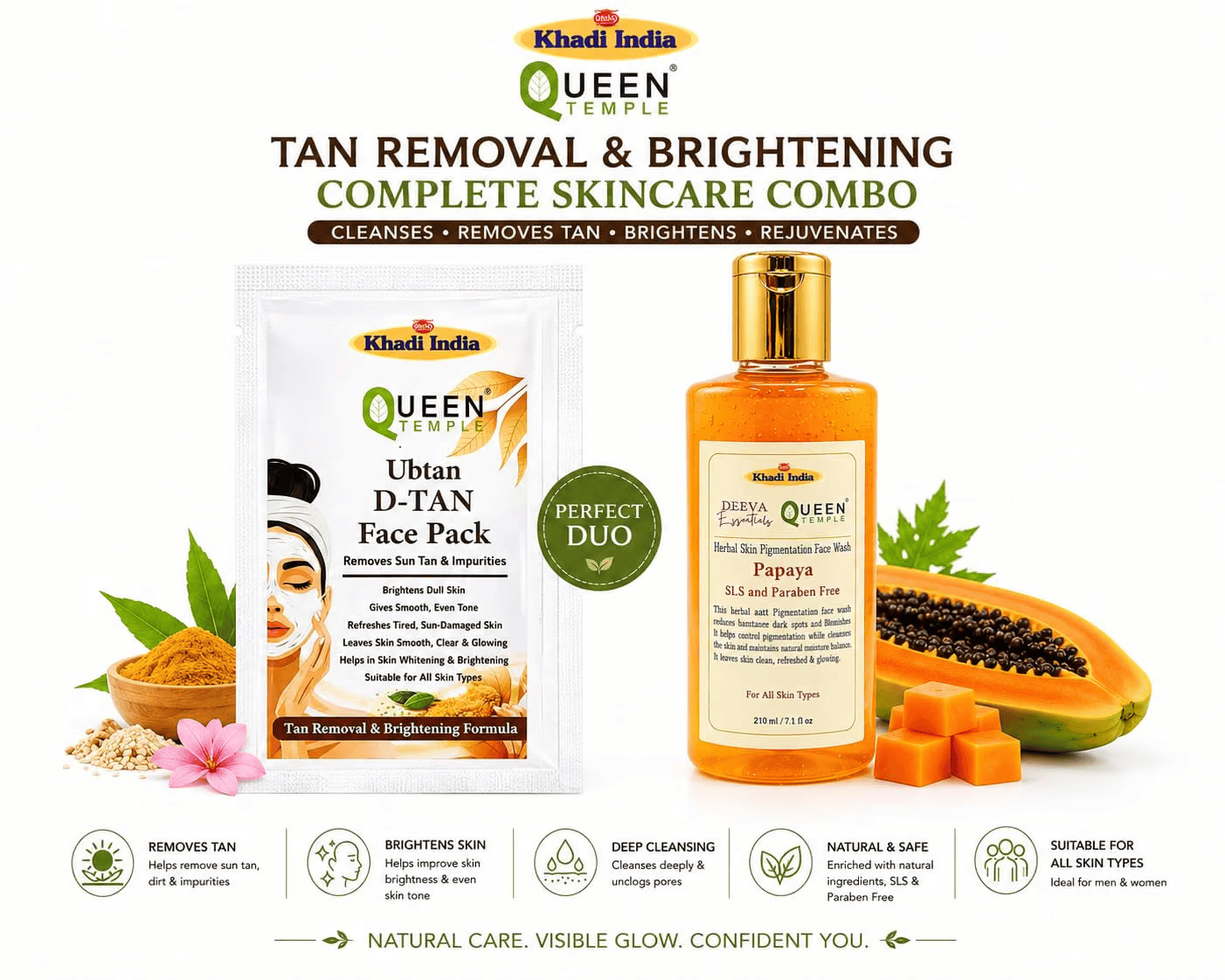 Queen Temple Khadi India Tan Removal & Brightening Complete Skincare Combo – Papaya Herbal Face Wash 210ml + Ubtan D-Tan Face Pack | Tan Removal, Skin Brightening & Deep Cleansing | SLS & Paraben Free - Image 2