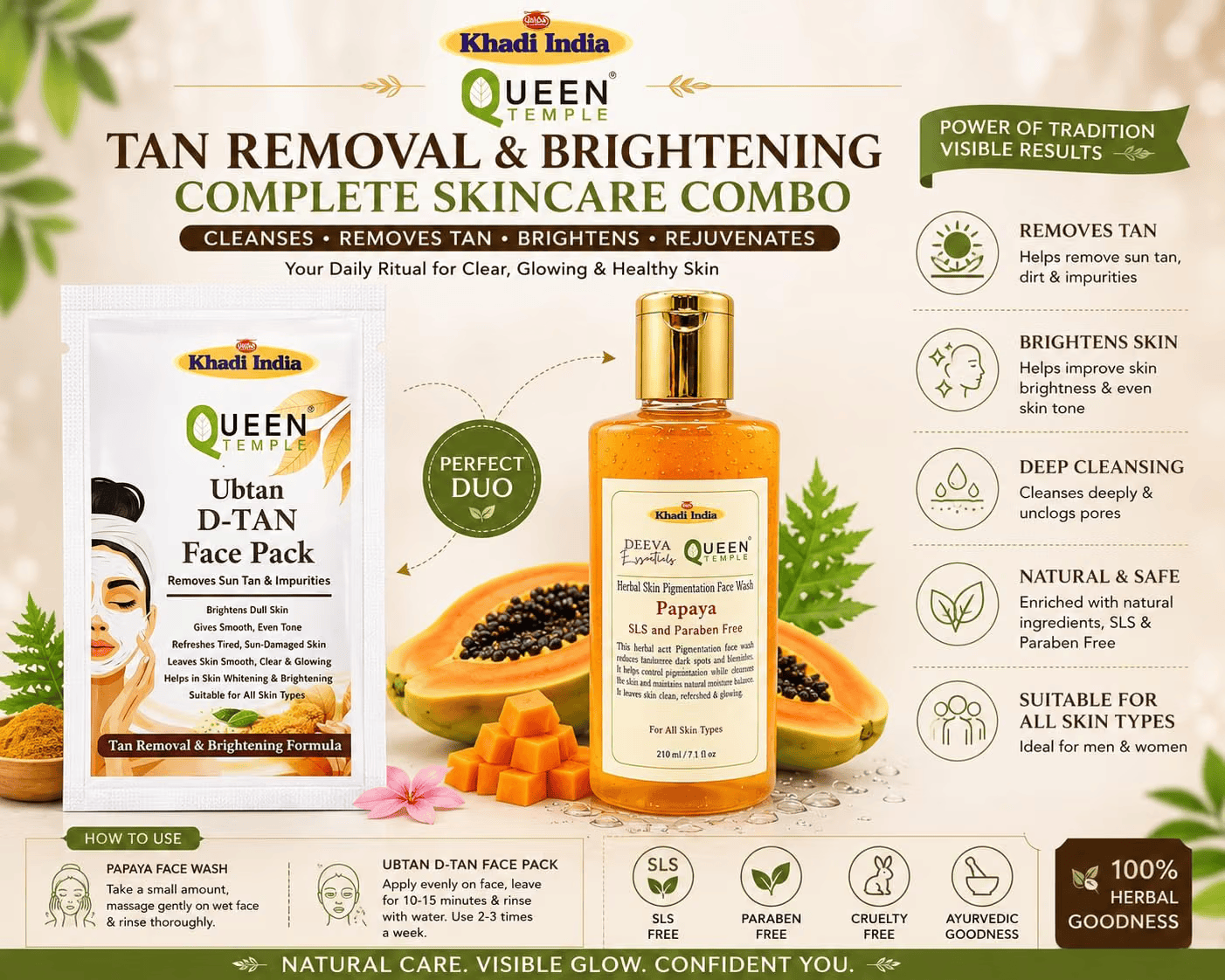Queen Temple Khadi India Tan Removal & Brightening Complete Skincare Combo – Papaya Herbal Face Wash 210ml + Ubtan D-Tan Face Pack | Tan Removal, Skin Brightening & Deep Cleansing | SLS & Paraben Free - Image 3