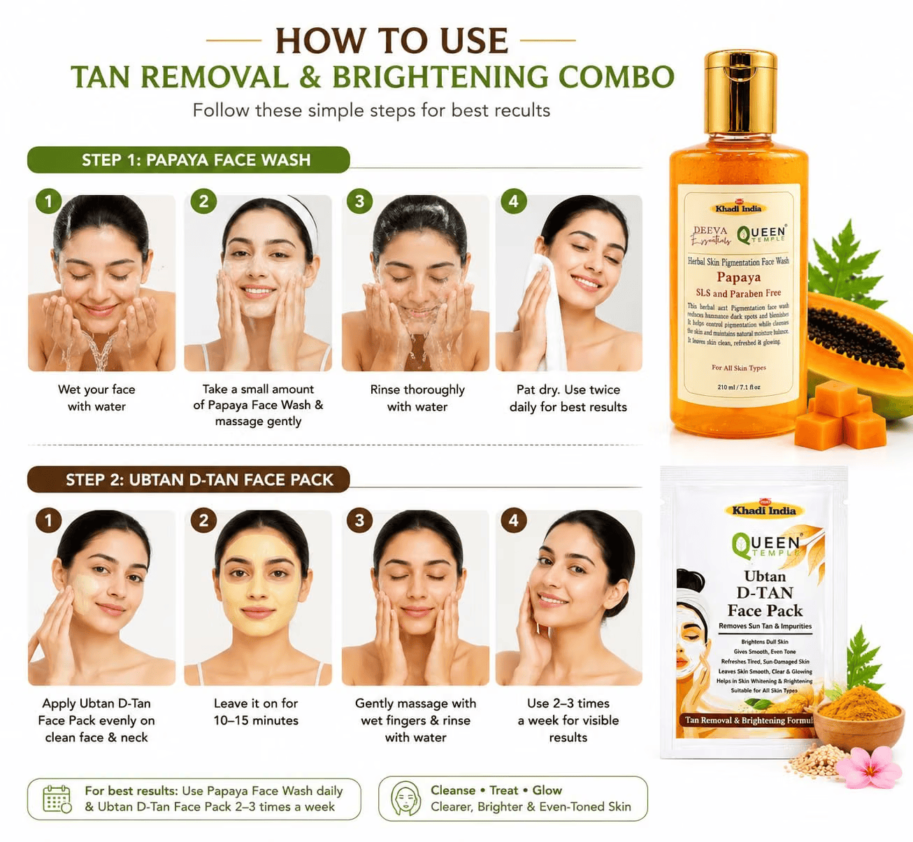 Queen Temple Khadi India Tan Removal & Brightening Complete Skincare Combo – Papaya Herbal Face Wash 210ml + Ubtan D-Tan Face Pack | Tan Removal, Skin Brightening & Deep Cleansing | SLS & Paraben Free - Image 4