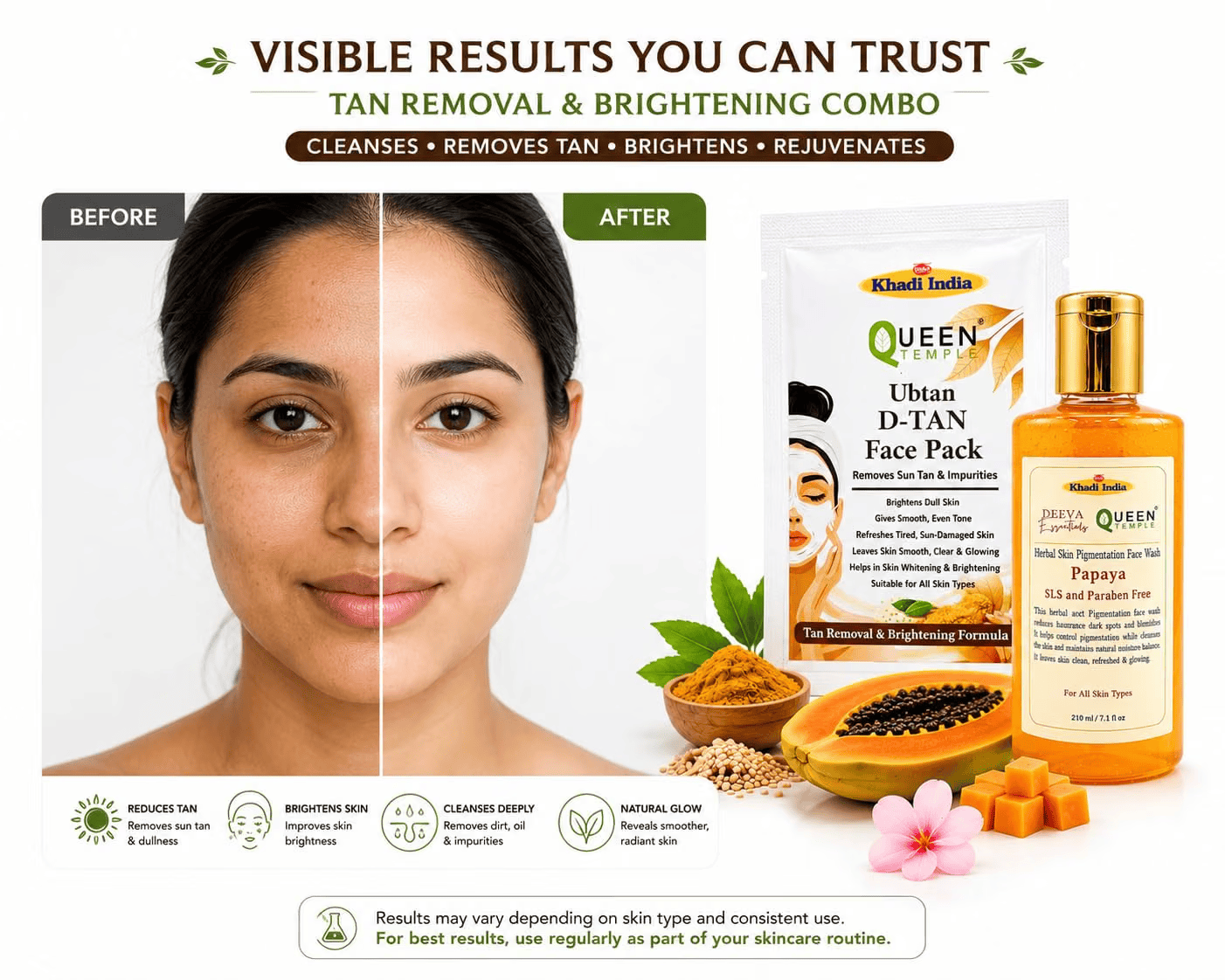 Queen Temple Khadi India Tan Removal & Brightening Complete Skincare Combo – Papaya Herbal Face Wash 210ml + Ubtan D-Tan Face Pack | Tan Removal, Skin Brightening & Deep Cleansing | SLS & Paraben Free - Image 5
