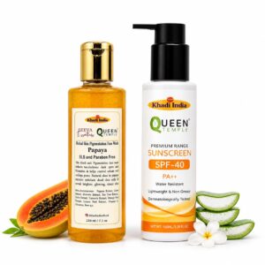 Queen Temple Khadi India Daily Skin Care Combo – Papaya Face Wash 210ml + SPF 40 PA++ Sunscreen 100ml | Face Cleansing, Sun Protection & Skin Brightening Care | Lightweight Non-Greasy Formula