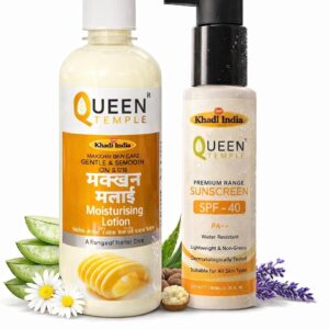 Queen Temple Khadi India Makkhan Malai Moisturising Lotion SPF 15 + Premium Sunscreen SPF 40 PA++ 100ml Combo | Daily Moisturising & Sun Protection | Lightweight, Non-Greasy & Water Resistant