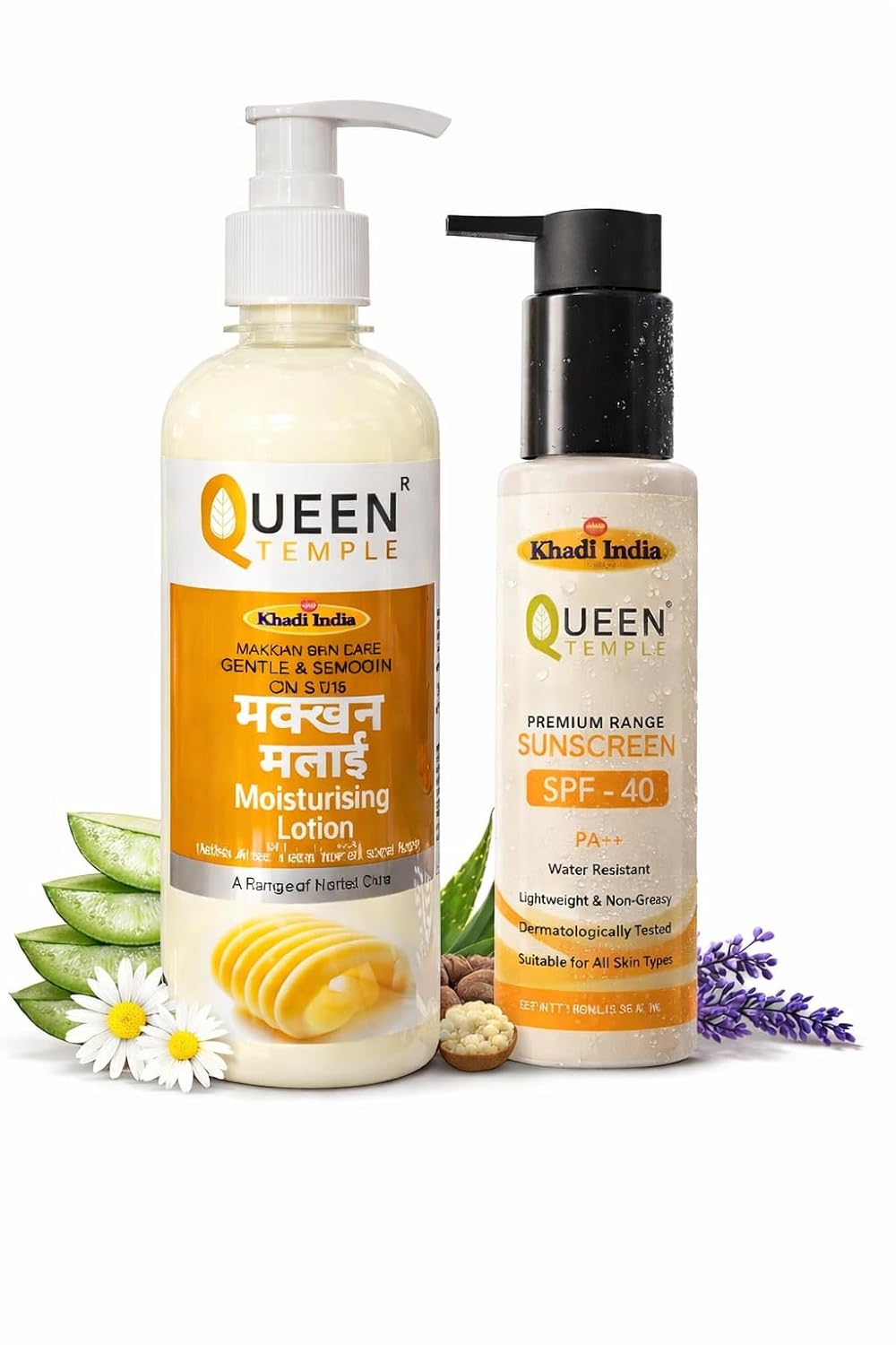 Queen Temple Khadi India Makkhan Malai Moisturising Lotion SPF 15 + Premium Sunscreen SPF 40 PA++ 100ml Combo | Daily Moisturising & Sun Protection | Lightweight, Non-Greasy & Water Resistant