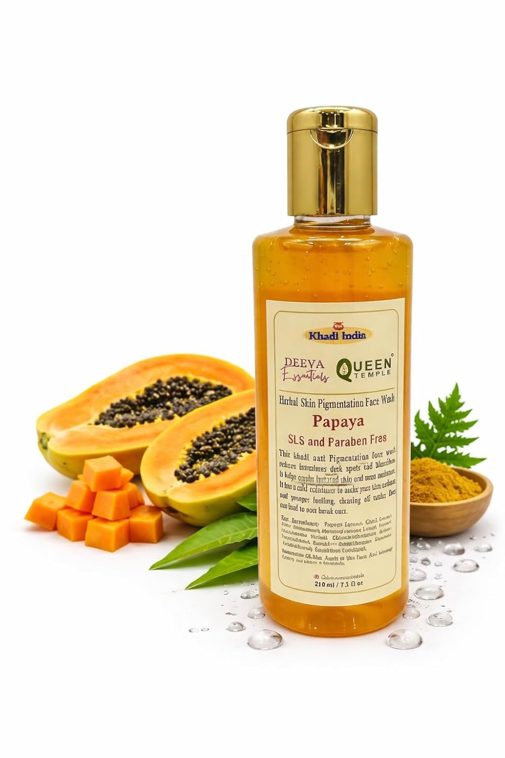 Queen Temple Khadi India Papaya Herbal Face Wash Pack of 2 – 210ml Each (420ml Total) | Papaya, Aloe Vera, Green Tea, Turmeric & Neem Extracts | Skin Cleansing & Brightening Care | SLS & Paraben Free - Image 3