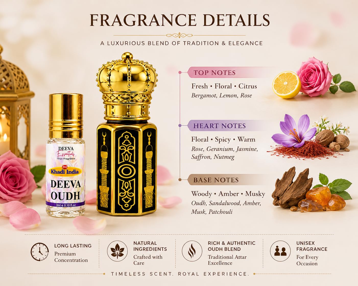 Queen Temple Deeva Oudh Attar Perfume Oil – 3ml & 6ml | Premium Long-Lasting Oudh Fragrance | Woody, Amber & Musky Attar | Unisex Perfume for Men & Women - Image 3