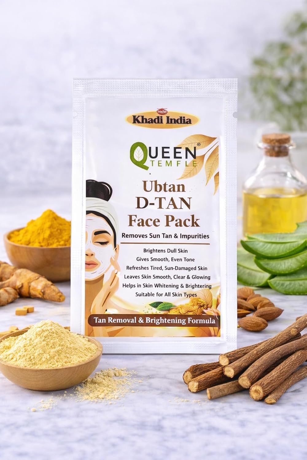 Queen Temple Khadi India Ubtan D-Tan Face Pack | Pack of 3 | 15g Each (3 × 15g) | Herbal Anti-Tan & Skin Brightening Face Pack | Helps Remove Tan, Dark Spots & Impurities | For All Skin Types - Image 3