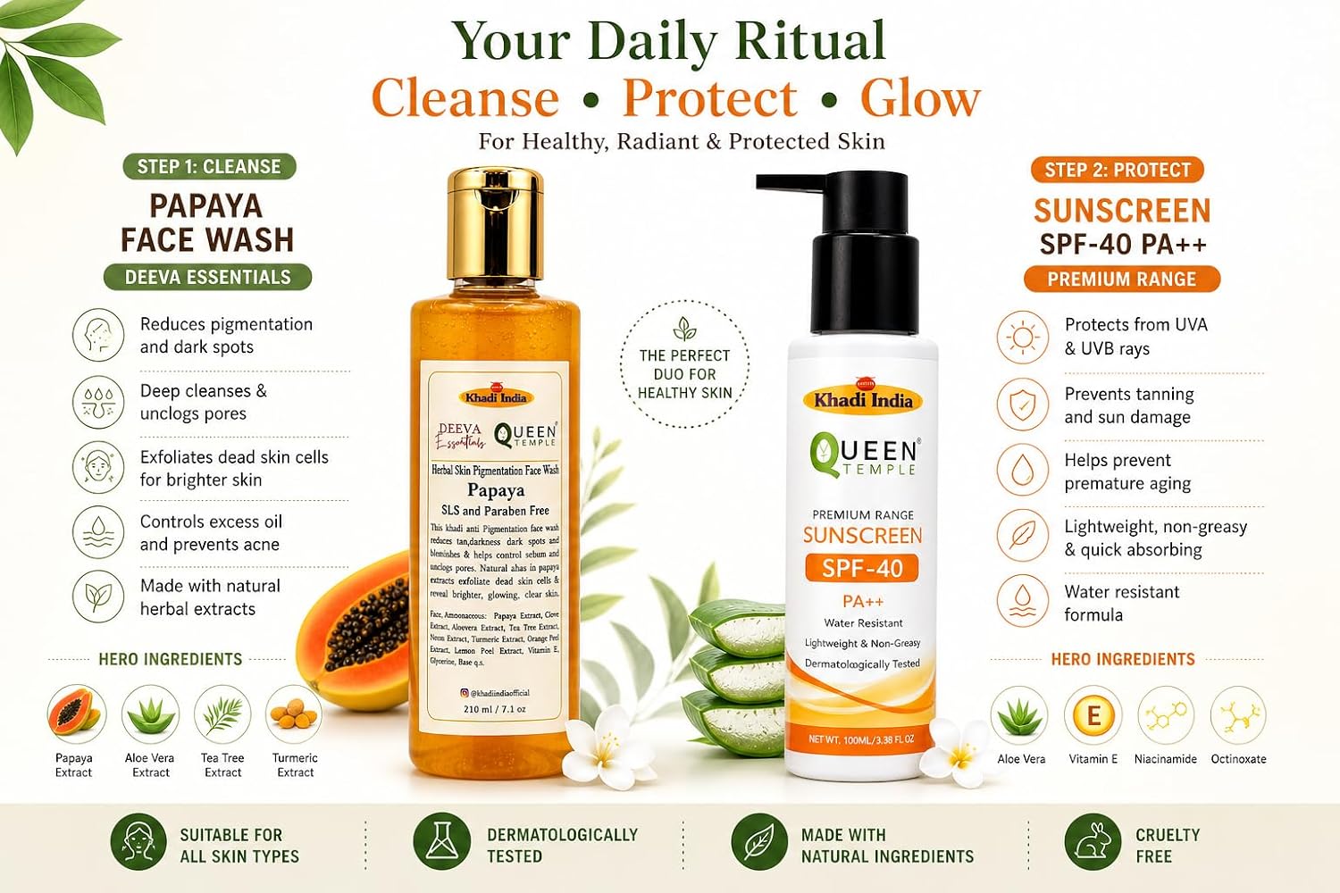 Queen Temple Khadi India Daily Skin Care Combo – Papaya Face Wash 210ml + SPF 40 PA++ Sunscreen 100ml | Face Cleansing, Sun Protection & Skin Brightening Care | Lightweight Non-Greasy Formula - Image 5