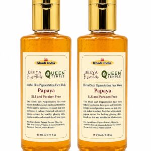 Queen Temple Khadi India Papaya Herbal Face Wash Pack of 2 – 210ml Each (420ml Total) | Papaya, Aloe Vera, Green Tea, Turmeric & Neem Extracts | Skin Cleansing & Brightening Care | SLS & Paraben Free