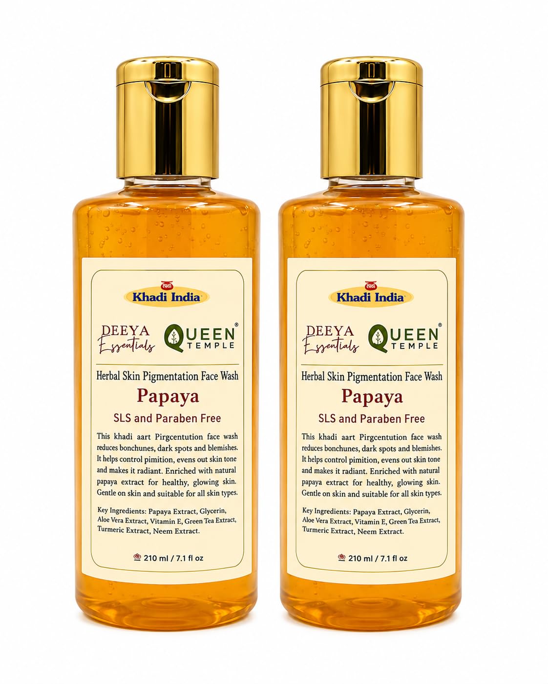 Queen Temple Khadi India Papaya Herbal Face Wash Pack of 2 – 210ml Each (420ml Total) | Papaya, Aloe Vera, Green Tea, Turmeric & Neem Extracts | Skin Cleansing & Brightening Care | SLS & Paraben Free