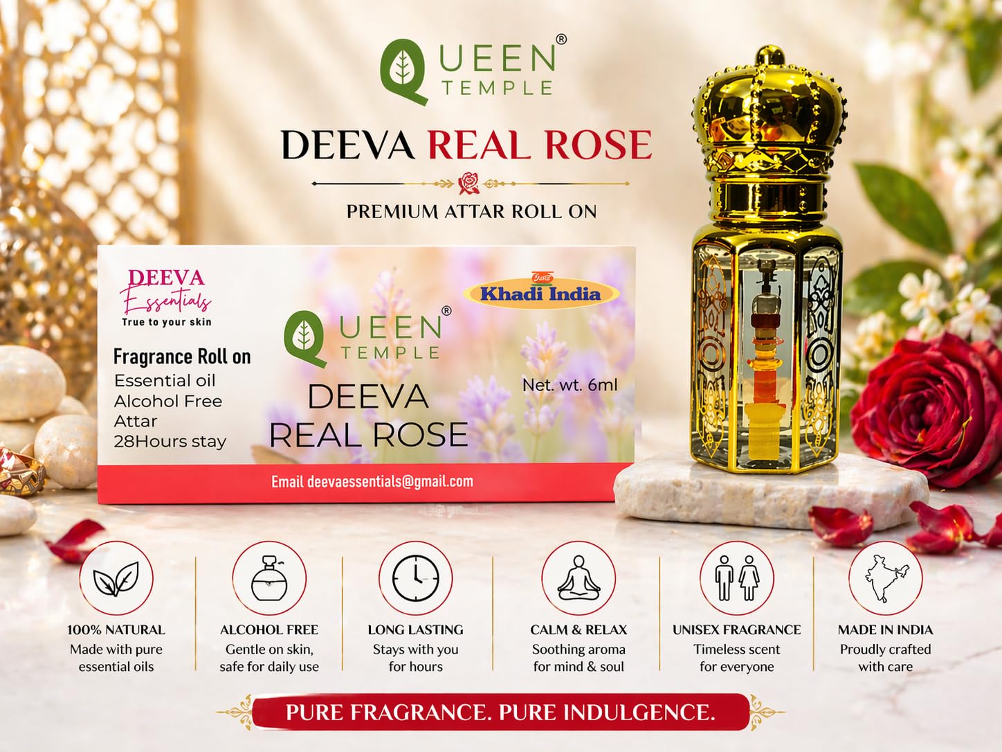 Queen Temple Khadi India Deeva Real Rose Premium Attar Roll On 6ml | Real Rose & Sandalwood Fragrance | Rose Essential Oil, Natural Resins & Floral Extracts | Alcohol-Free Long-Lasting Unisex Attar - Image 5