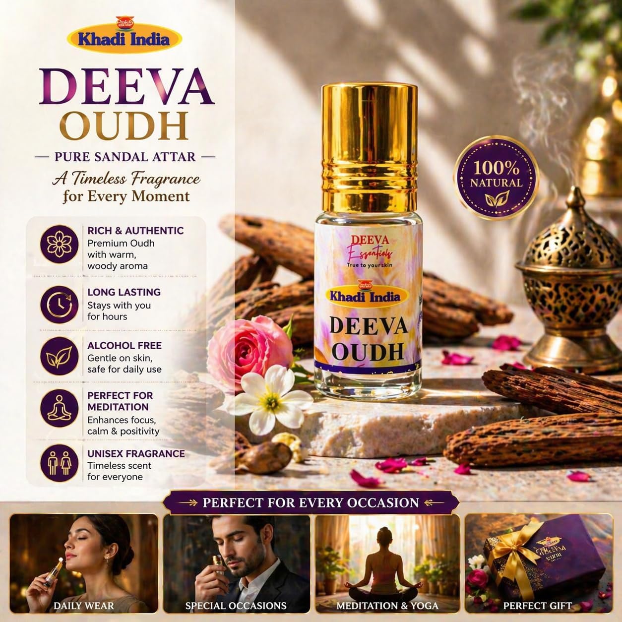 Queen Temple Khadi India Deeva Oudh Premium Attar Roll-On 3ml (0.10 fl oz) | Pure Sandal Attar | Long Lasting Alcohol-Free Oudh Fragrance | Rich Woody Aroma | Unisex Attar for Men & Women - Image 6