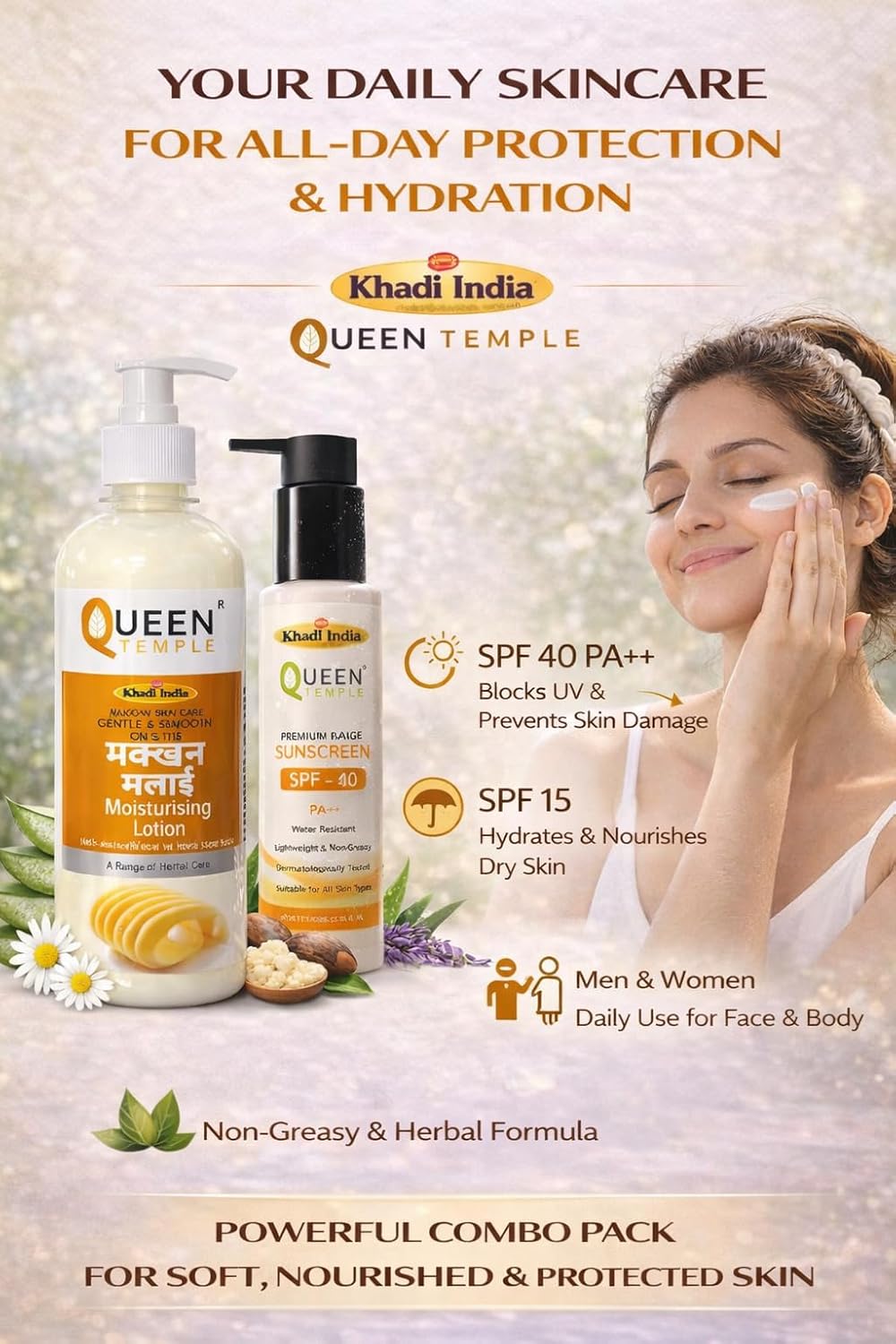 Queen Temple Khadi India Makkhan Malai Moisturising Lotion SPF 15 + Premium Sunscreen SPF 40 PA++ 100ml Combo | Daily Moisturising & Sun Protection | Lightweight, Non-Greasy & Water Resistant - Image 3