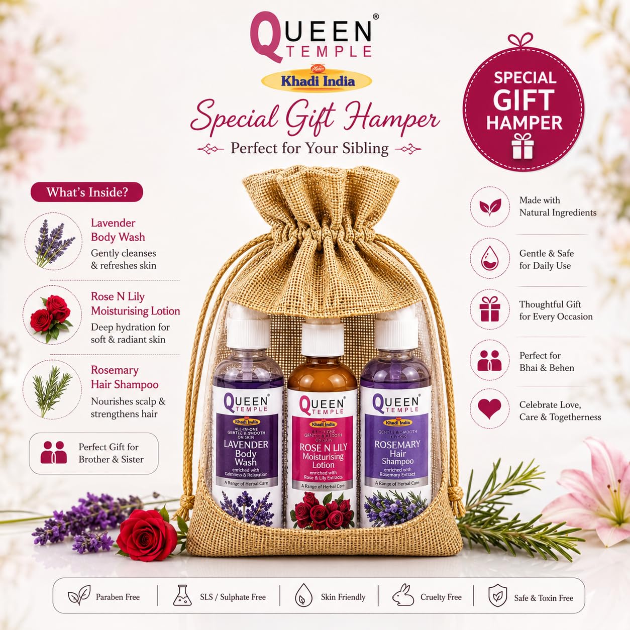 Queen Temple Khadi India Herbal Gift Set for Women & Men, Lavender Body Wash, Rose N Lily Moisturising Lotion & Rosemary Hair Shampoo, Natural Personal Care Gift Hamper, 3 x 100 ml - Image 2