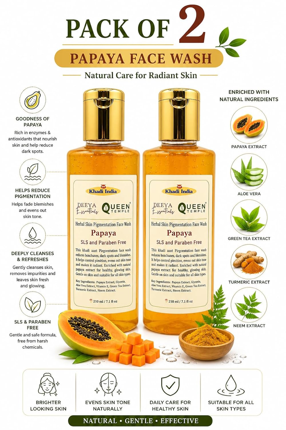 Queen Temple Khadi India Papaya Herbal Face Wash Pack of 2 – 210ml Each (420ml Total) | Papaya, Aloe Vera, Green Tea, Turmeric & Neem Extracts | Skin Cleansing & Brightening Care | SLS & Paraben Free - Image 4