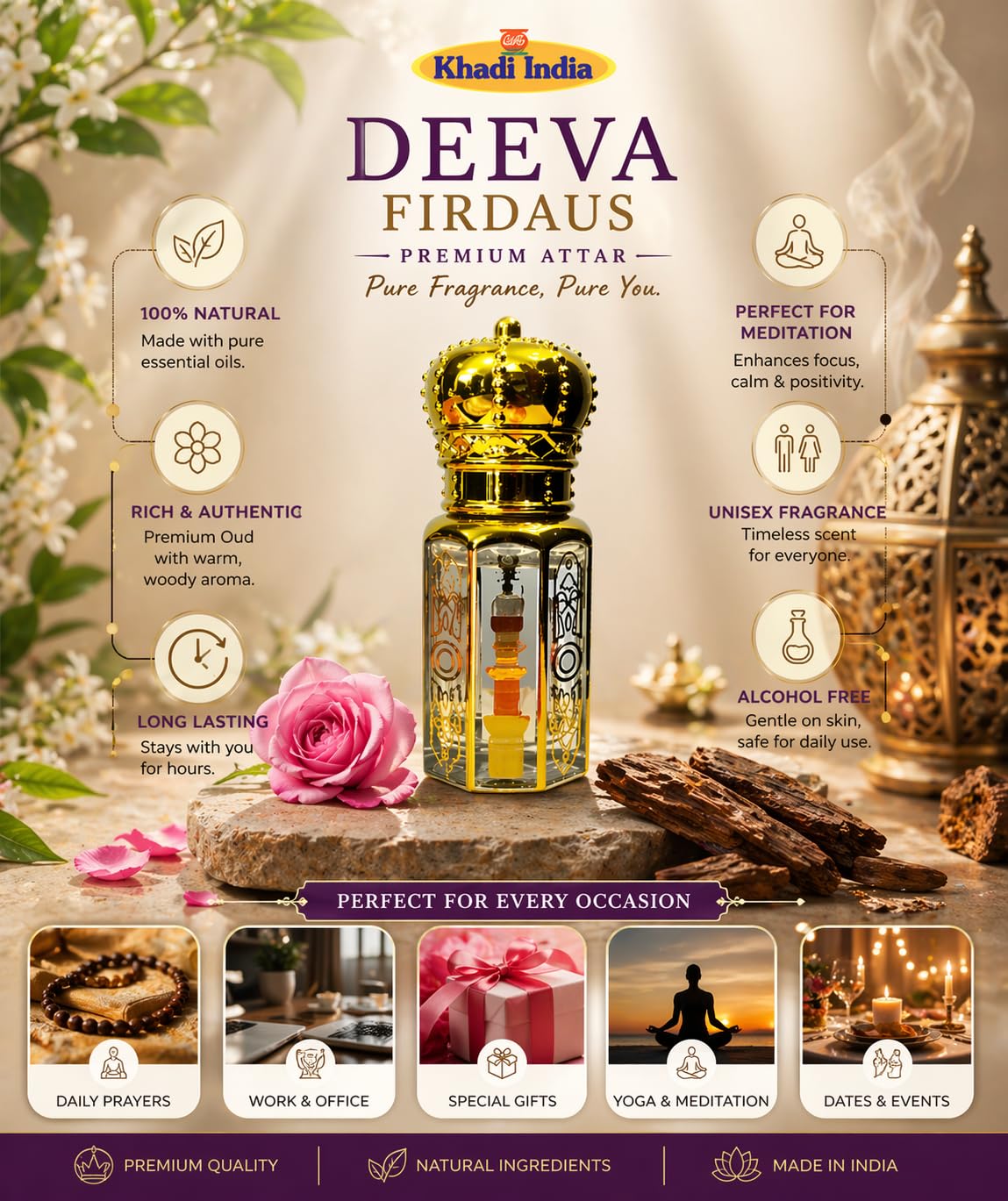 Deeva Firdaus Long Lasting Attar Perfume 6ML | Alcohol Free Concentrated Ittar | Unisex Natural Fragrance Oil for Men & Women | Pocket Size Luxury Arabian Attar for Daily Use & Parties - Image 2