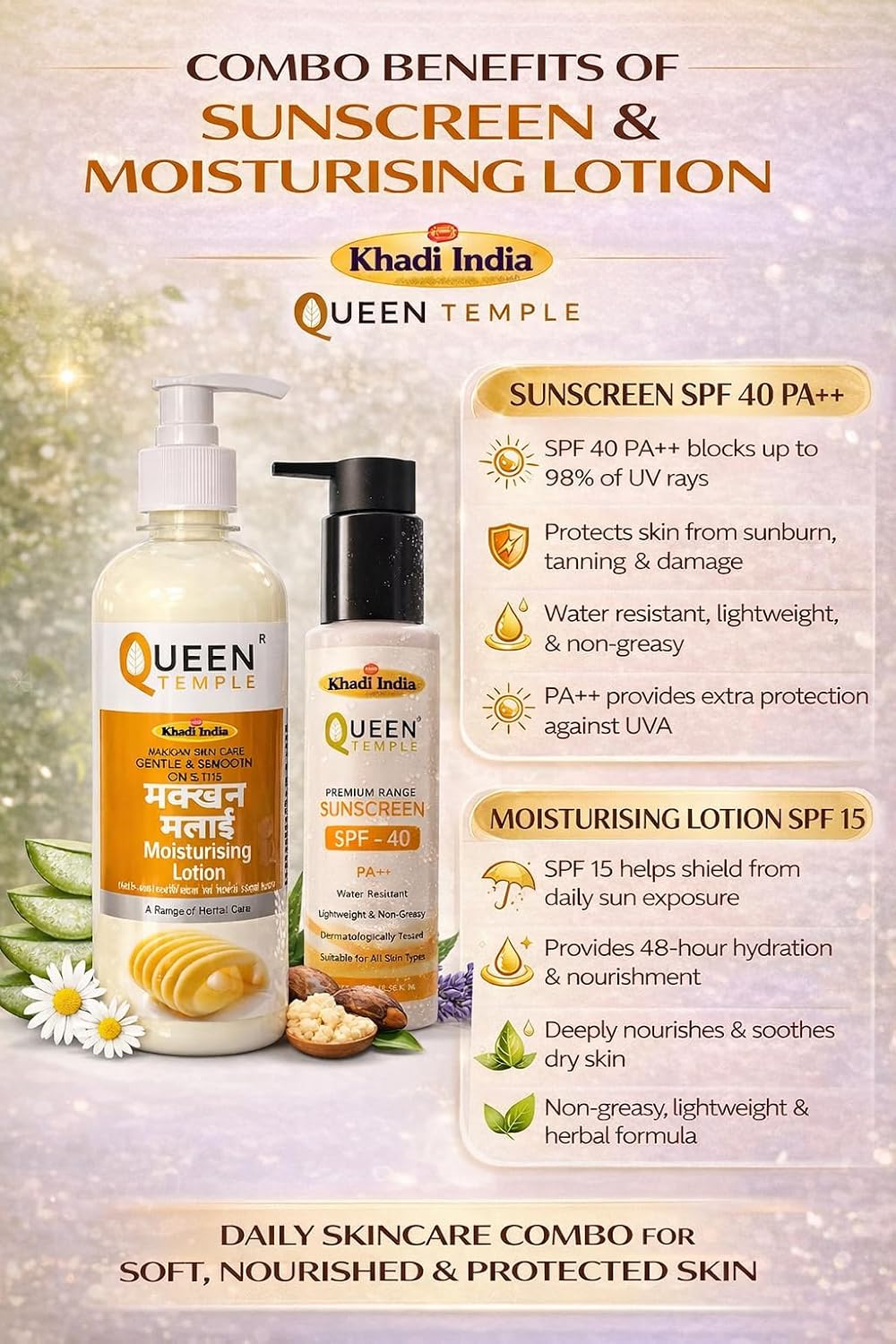 Queen Temple Khadi India Makkhan Malai Moisturising Lotion SPF 15 + Premium Sunscreen SPF 40 PA++ 100ml Combo | Daily Moisturising & Sun Protection | Lightweight, Non-Greasy & Water Resistant - Image 2