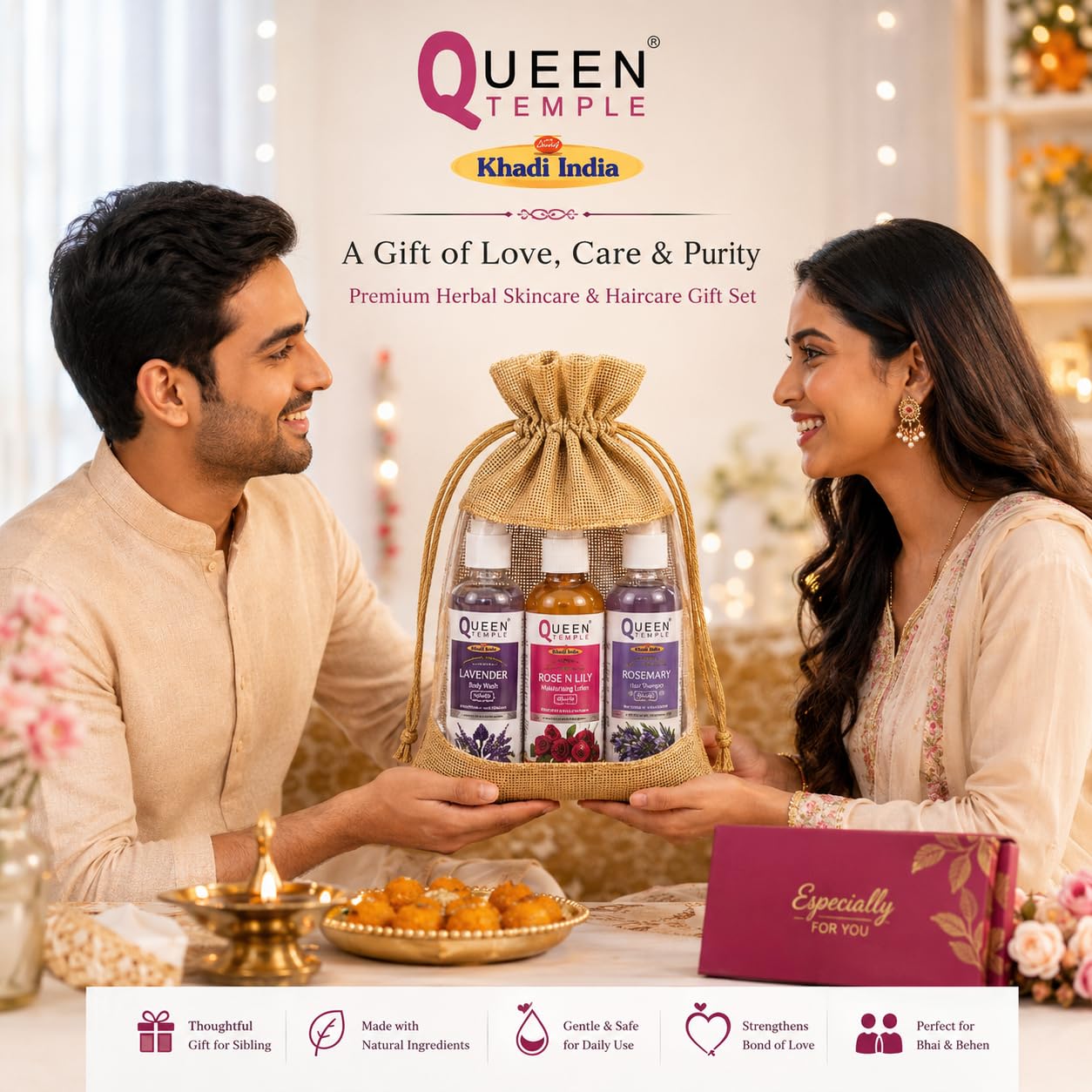 Queen Temple Khadi India Herbal Gift Set for Women & Men, Lavender Body Wash, Rose N Lily Moisturising Lotion & Rosemary Hair Shampoo, Natural Personal Care Gift Hamper, 3 x 100 ml - Image 3