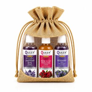 Queen Temple Khadi India Herbal Gift Set for Women & Men, Lavender Body Wash, Rose N Lily Moisturising Lotion & Rosemary Hair Shampoo, Natural Personal Care Gift Hamper, 3 x 100 ml