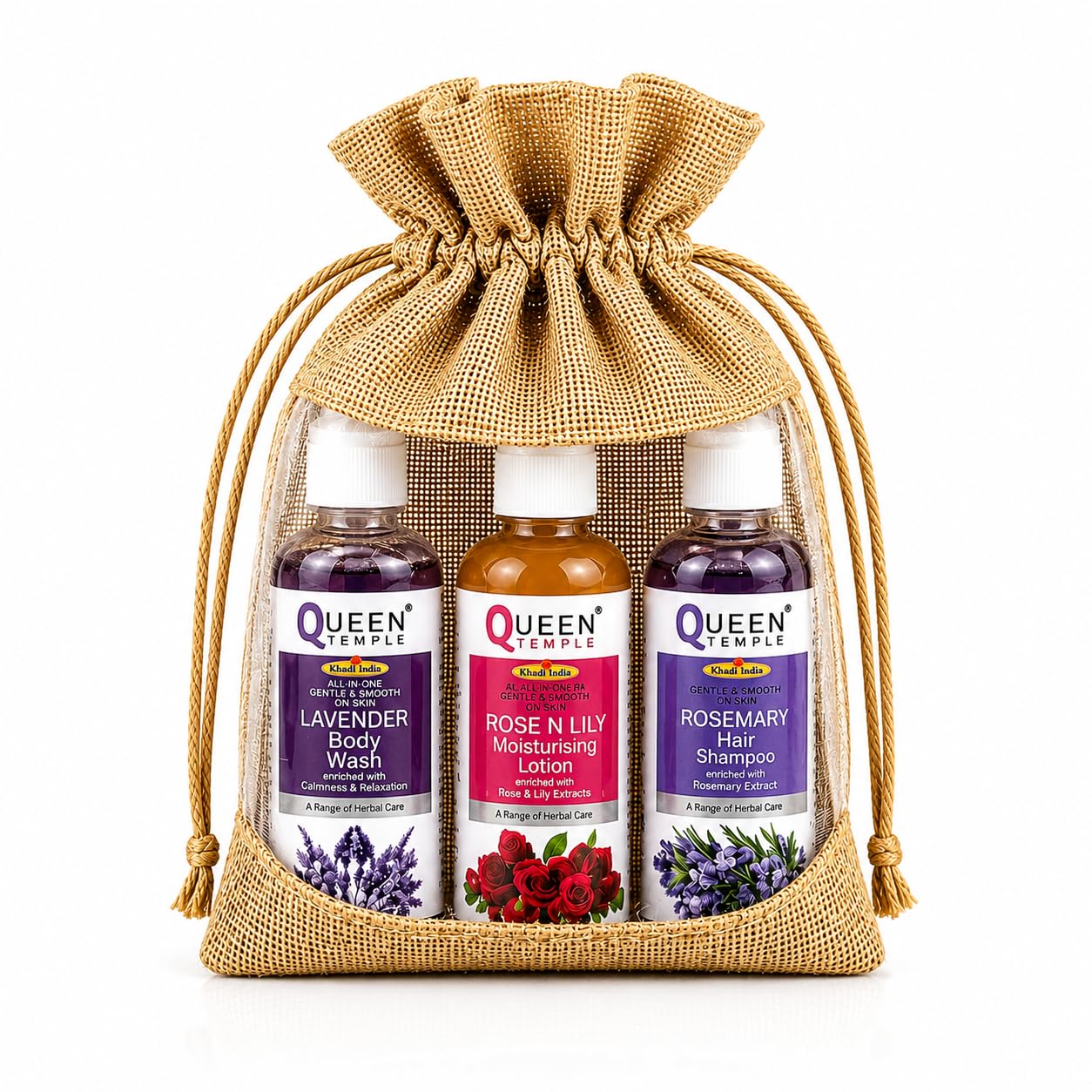 Queen Temple Khadi India Herbal Gift Set for Women & Men, Lavender Body Wash, Rose N Lily Moisturising Lotion & Rosemary Hair Shampoo, Natural Personal Care Gift Hamper, 3 x 100 ml