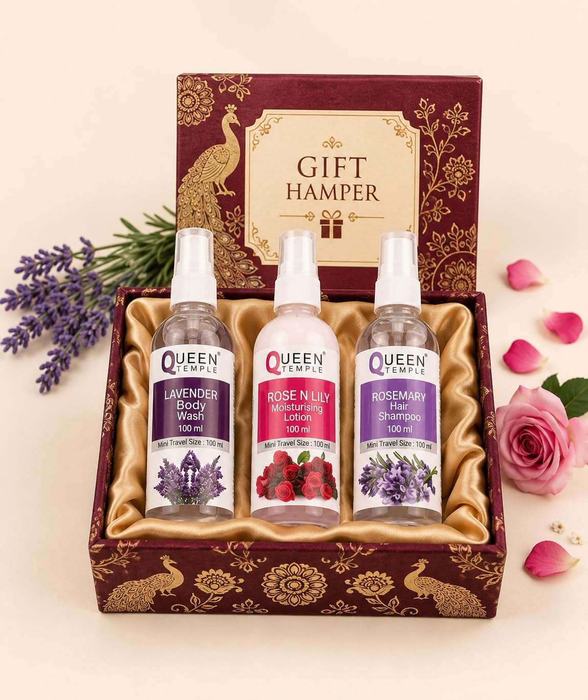 Queen Temple Khadi India Herbal Gift Set for Women & Men, Lavender Body Wash, Rose N Lily Moisturising Lotion & Rosemary Hair Shampoo, Natural Personal Care Gift Hamper, 3 x 100 ml - Image 4