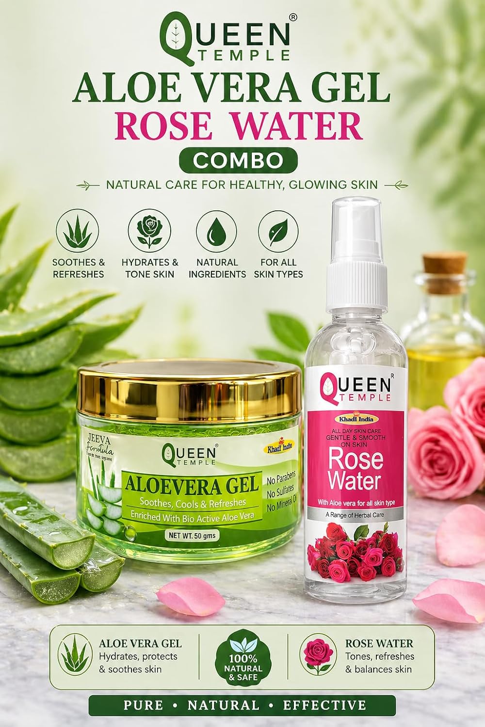 Queen Temple Khadi India Rose Water 250ml + Aloe Vera Gel 50g Combo | Face Toner & Moisturizing Skincare Set | Hydrating, Refreshing & Soothing Daily Skin Care | For Face & Body - Image 4