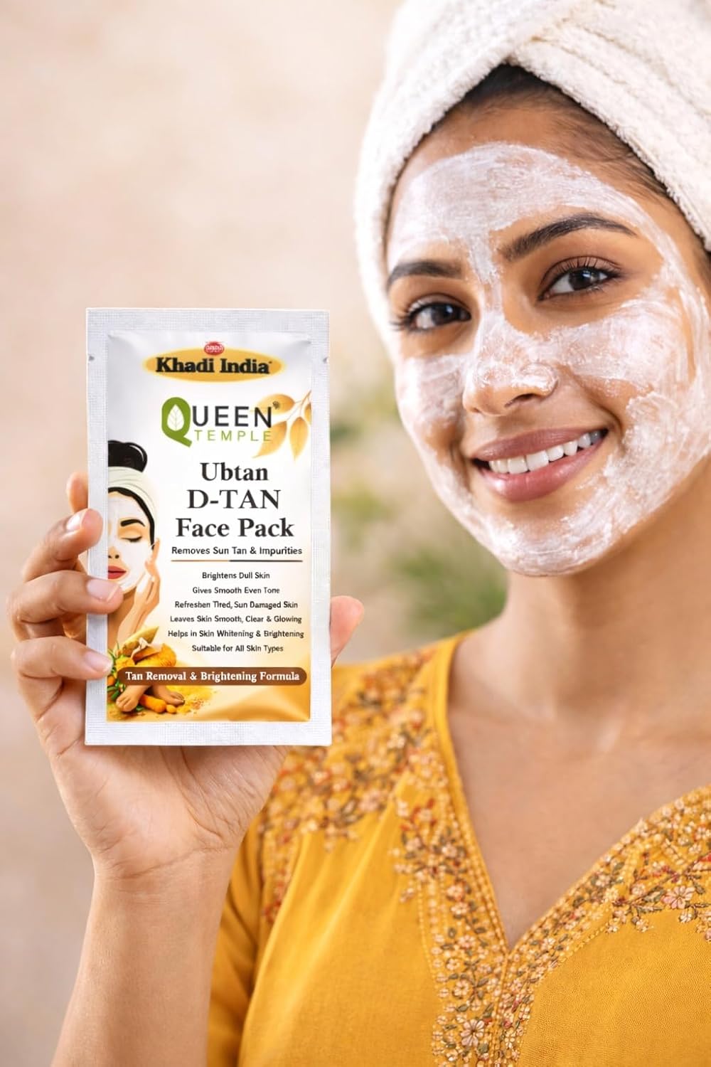 Queen Temple Khadi India Ubtan D-Tan Face Pack | Pack of 3 | 15g Each (3 × 15g) | Herbal Anti-Tan & Skin Brightening Face Pack | Helps Remove Tan, Dark Spots & Impurities | For All Skin Types - Image 4