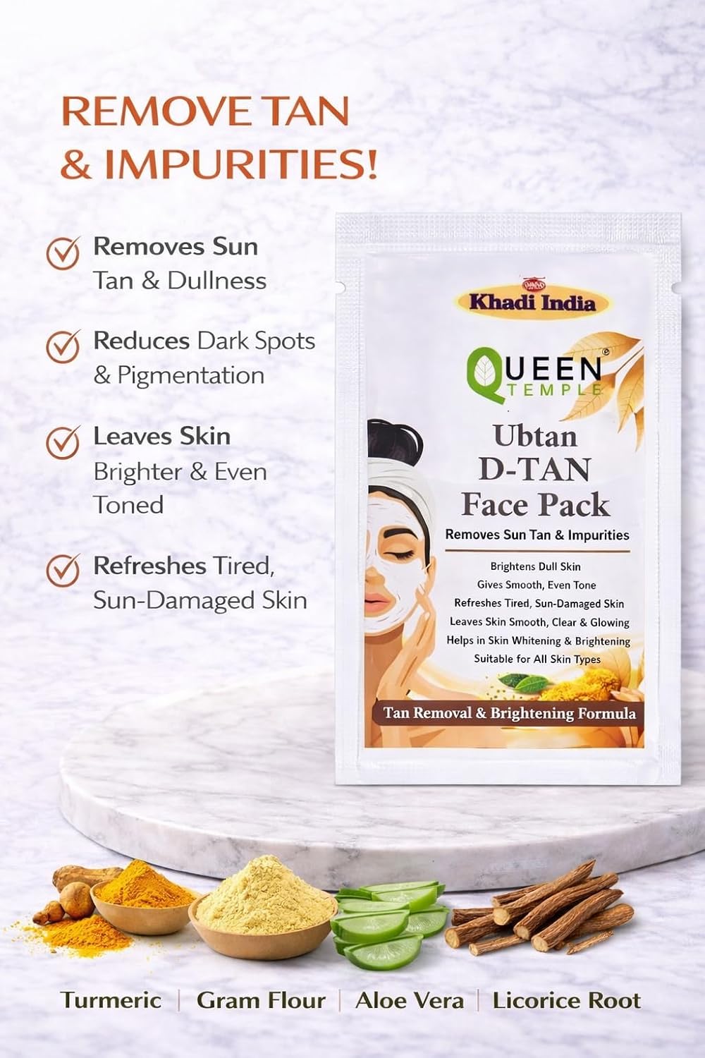 Queen Temple Khadi India Ubtan D-Tan Face Pack | Pack of 3 | 15g Each (3 × 15g) | Herbal Anti-Tan & Skin Brightening Face Pack | Helps Remove Tan, Dark Spots & Impurities | For All Skin Types - Image 2