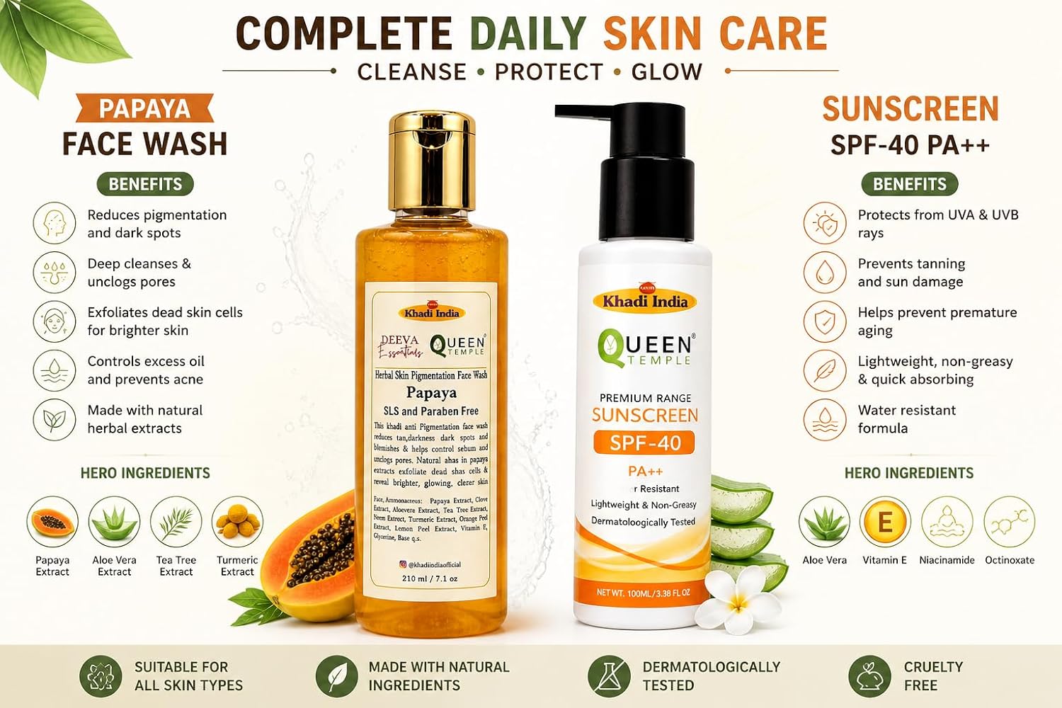 Queen Temple Khadi India Daily Skin Care Combo – Papaya Face Wash 210ml + SPF 40 PA++ Sunscreen 100ml | Face Cleansing, Sun Protection & Skin Brightening Care | Lightweight Non-Greasy Formula - Image 2