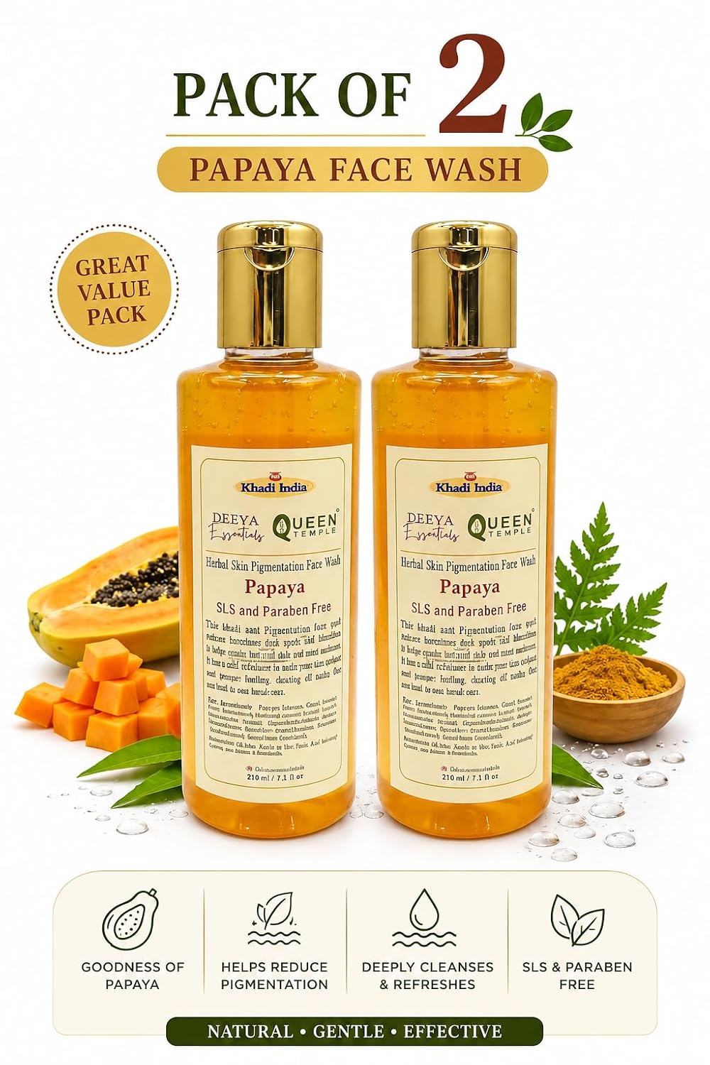 Queen Temple Khadi India Papaya Herbal Face Wash Pack of 2 – 210ml Each (420ml Total) | Papaya, Aloe Vera, Green Tea, Turmeric & Neem Extracts | Skin Cleansing & Brightening Care | SLS & Paraben Free - Image 2