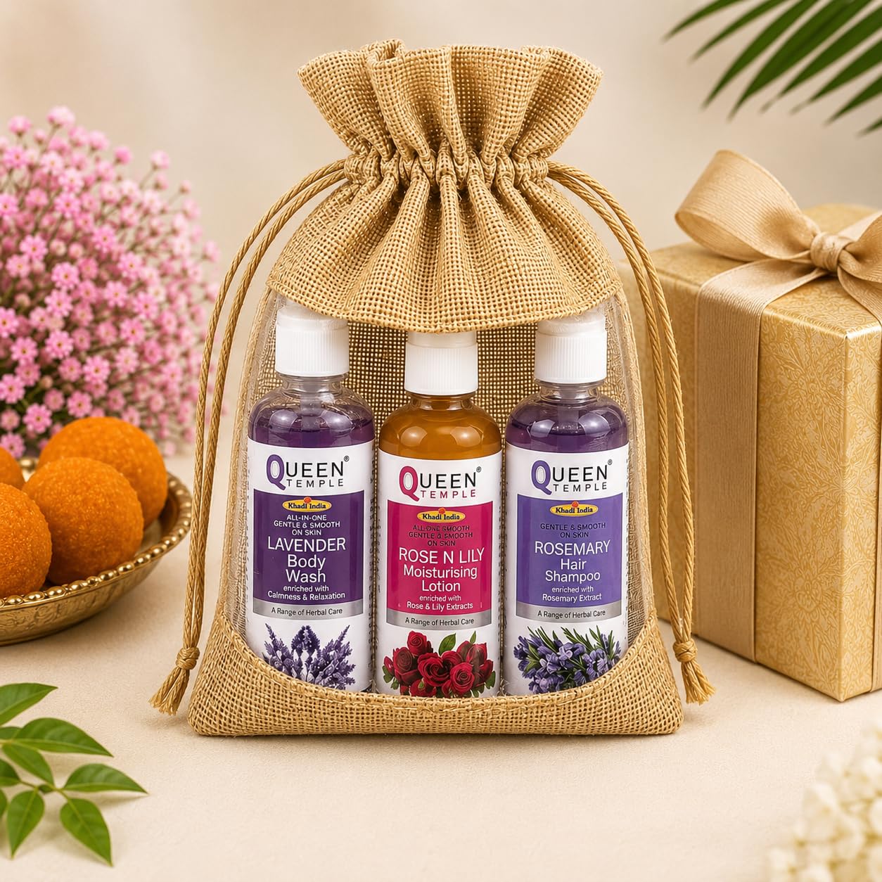 Queen Temple Khadi India Herbal Gift Set for Women & Men, Lavender Body Wash, Rose N Lily Moisturising Lotion & Rosemary Hair Shampoo, Natural Personal Care Gift Hamper, 3 x 100 ml - Image 5