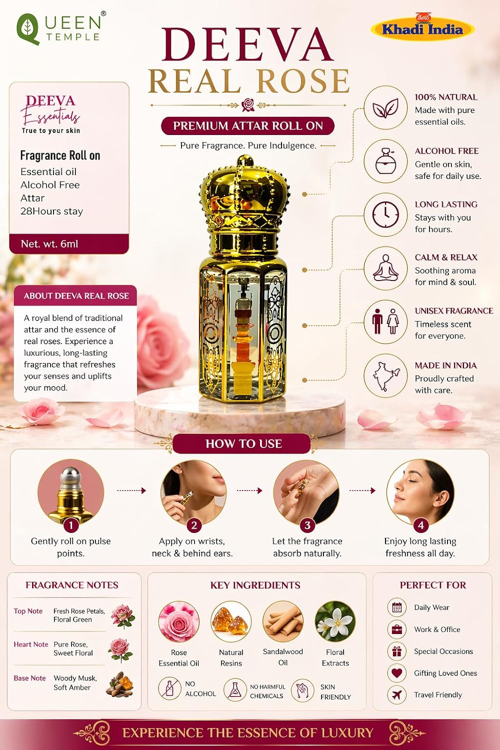 Queen Temple Khadi India Deeva Real Rose Premium Attar Roll On 6ml | Real Rose & Sandalwood Fragrance | Rose Essential Oil, Natural Resins & Floral Extracts | Alcohol-Free Long-Lasting Unisex Attar - Image 2