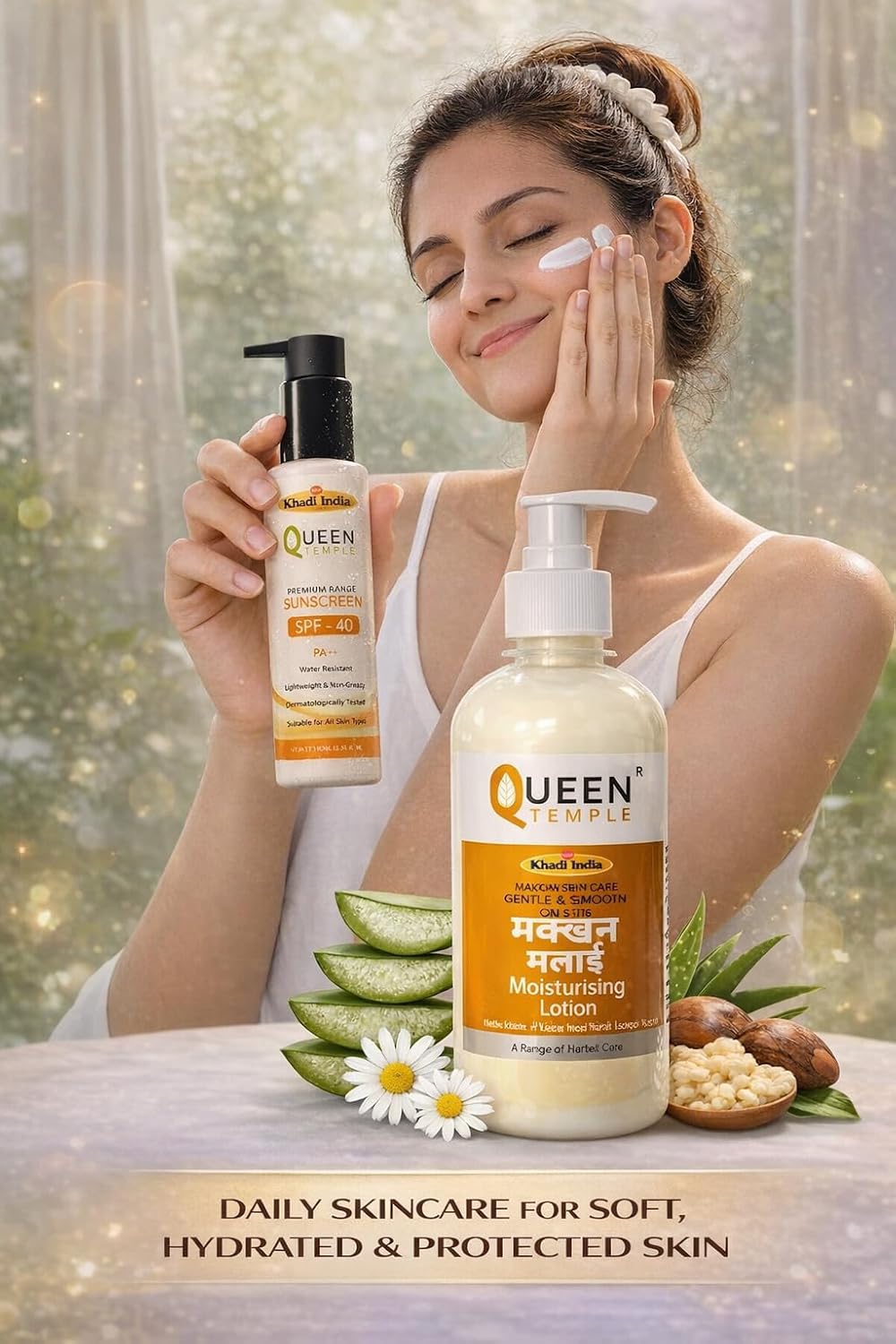 Queen Temple Khadi India Makkhan Malai Moisturising Lotion SPF 15 + Premium Sunscreen SPF 40 PA++ 100ml Combo | Daily Moisturising & Sun Protection | Lightweight, Non-Greasy & Water Resistant - Image 5